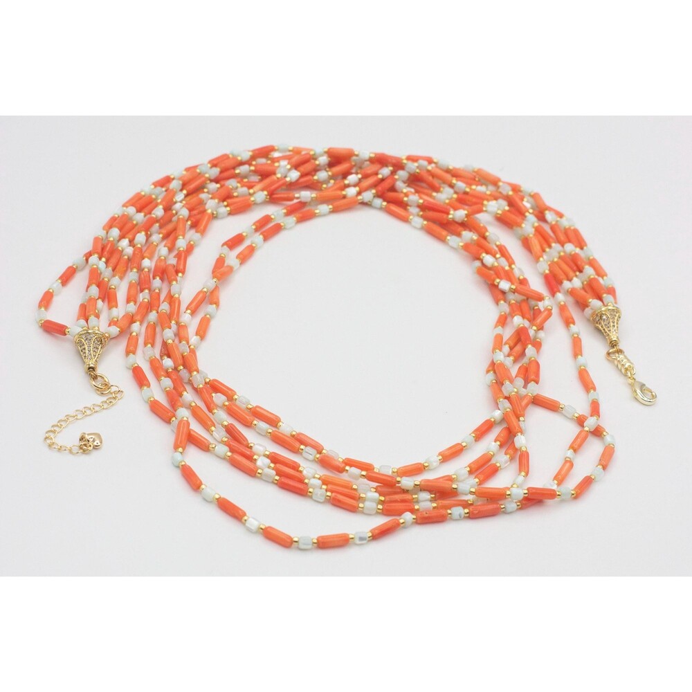 Bohemian Pink Coral Light Blue Mother of Pearl Layering Necklace Gold Plated